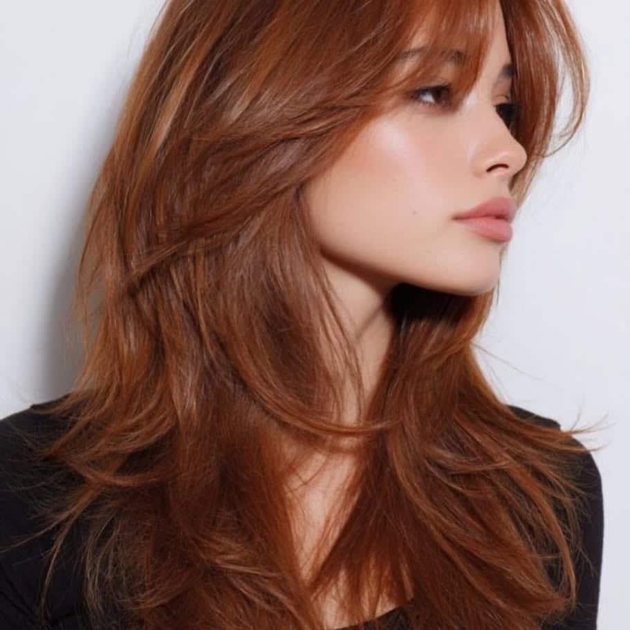 4. Feathered Layers with Curtain Bangs