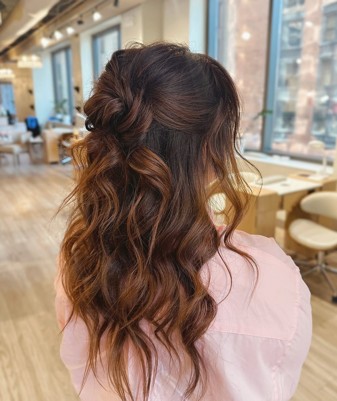 5. Half-Up Twisted Waves with Glossy Brunette Balayage