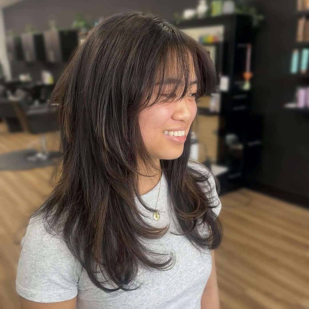 17. Wispy Curtain Bangs with Layered Mid-Length