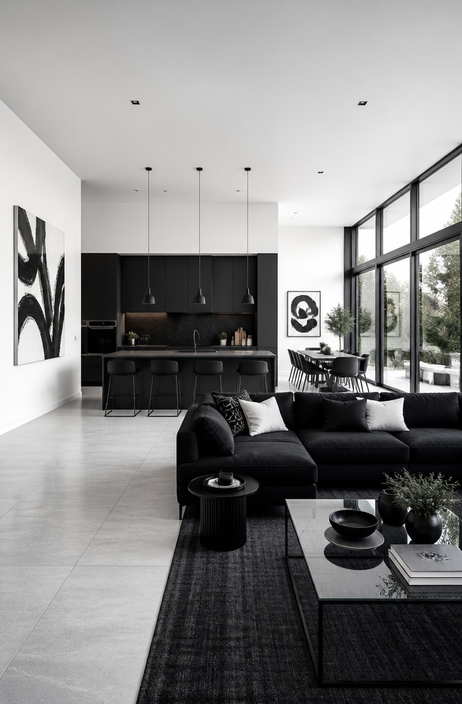 Contemporary Monochrome Kitchen and Living Room
