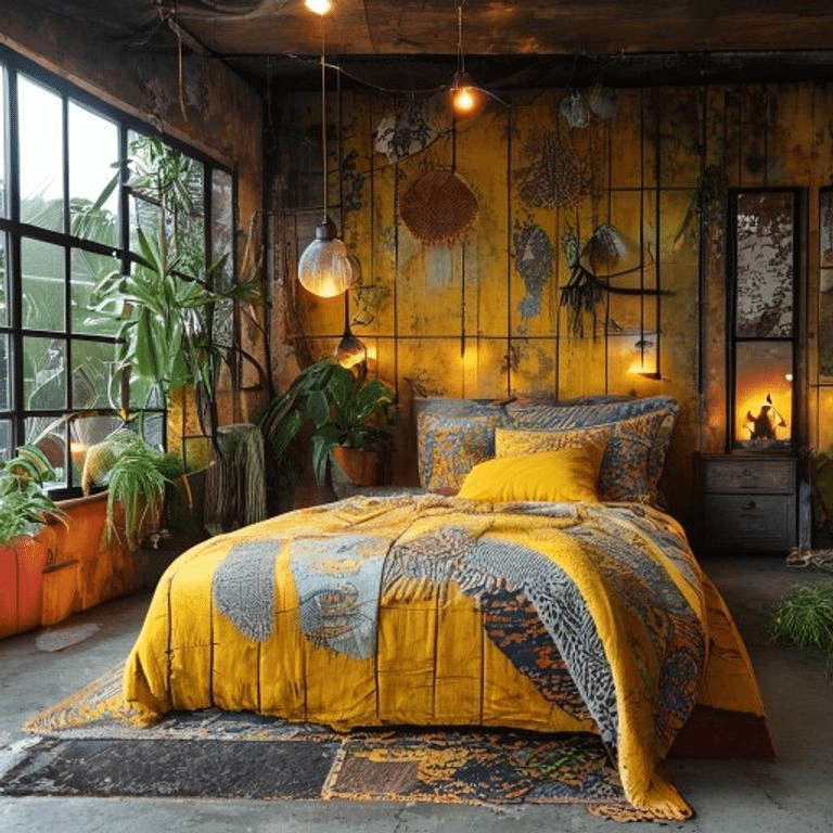 Eclectic Yellow Industrial Boho Bedroom