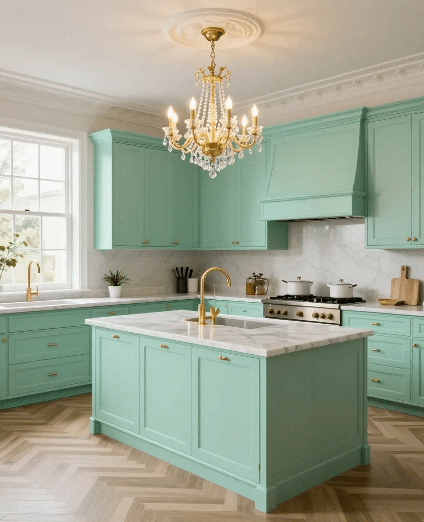 Elegant Mint Green and Gold Kitchen