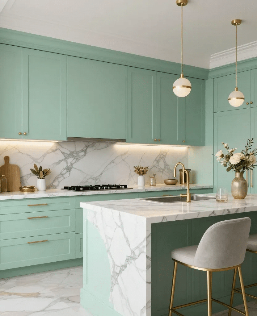 Glam Mint Green Kitchen with Marble