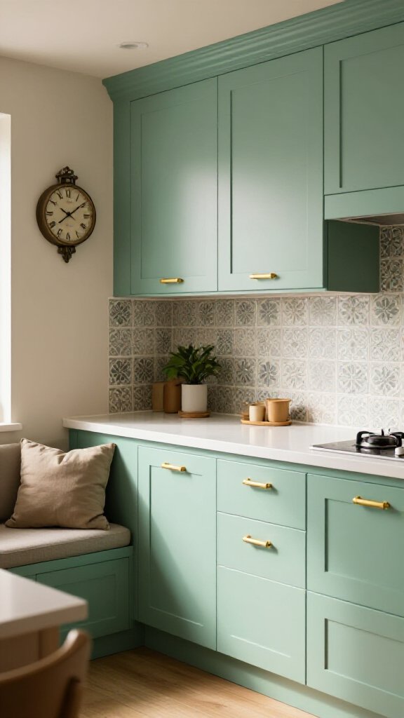 Mint Green Cabinets with Brass Accents