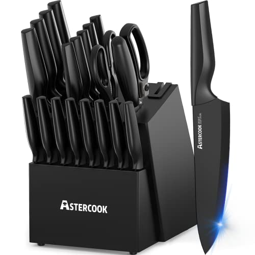 Knife Set, Astercook 21 Pieces Knife Sets for Kitchen with Block, Dishwasher Safe Kitchen Knife Set with Built-in Sharpener, German Stainless Steel Black Knife Block Set, Fathers Day Gift for Men