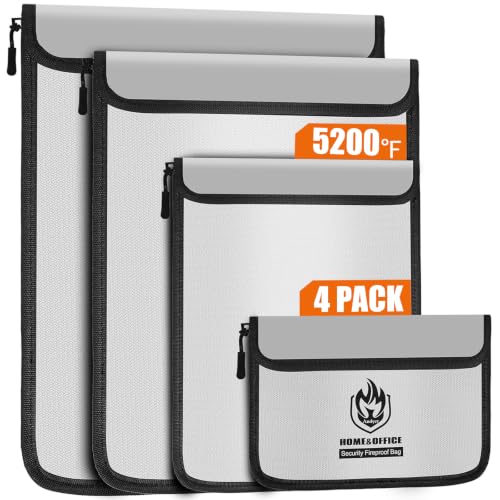 Andyer 4 Pack Fireproof Document Bags, Waterproof Document Pouch Holder with Zipper, Fire Proof Money Bag for Cash, Fireproof Envelope Fire Safe Bag, Fire Resistant Storage for Legal/A4 Size (Gray)