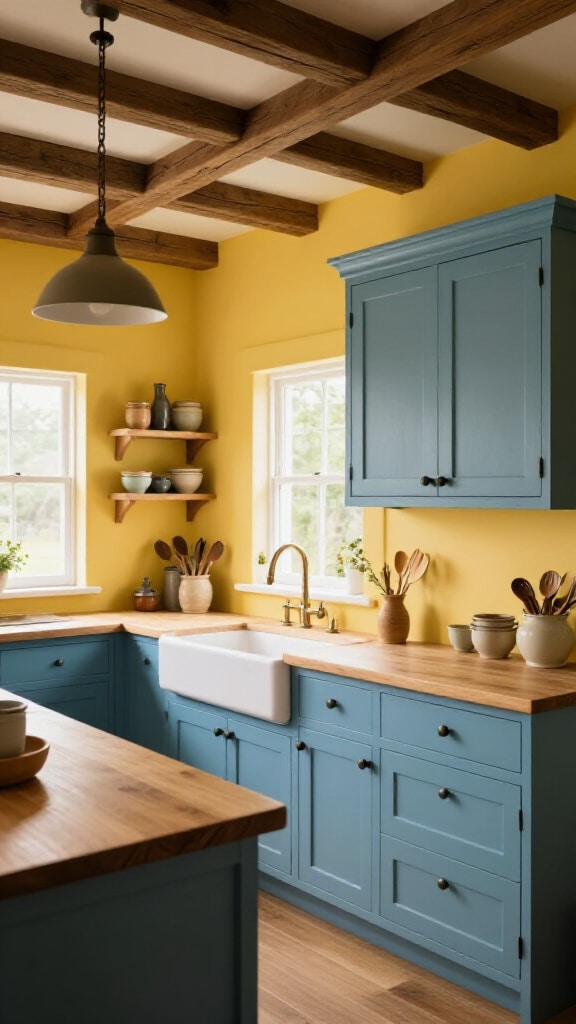 Rustic Farmhouse Blue and Yellow Kitchen