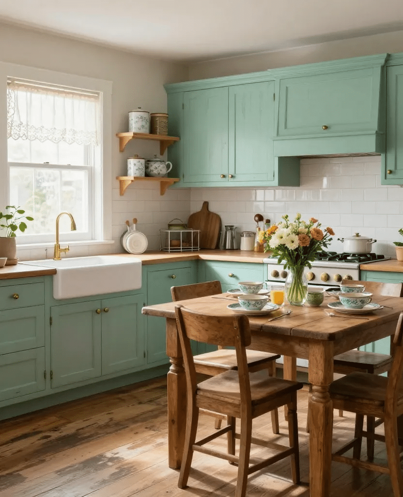 Vintage Farmhouse Mint Green Kitchen