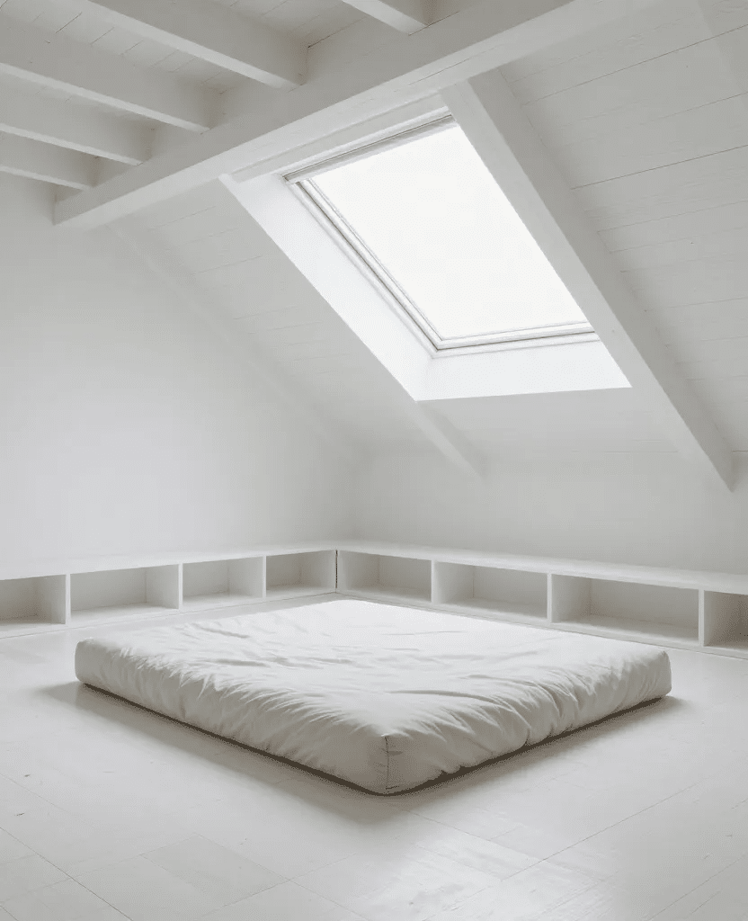 White Minimalist Japanese Loft Bedroom